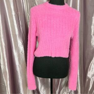Hippie Rose Soft Fuzzy Pink Cropped Sweater Long Sleeve Size L